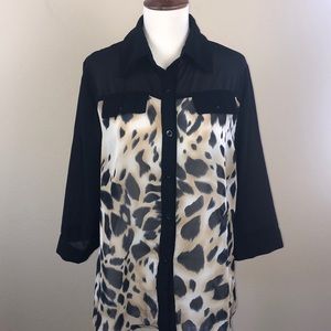 Animal Print Sheer Blouse w/ Black Sleeves & Trim -Size Medium